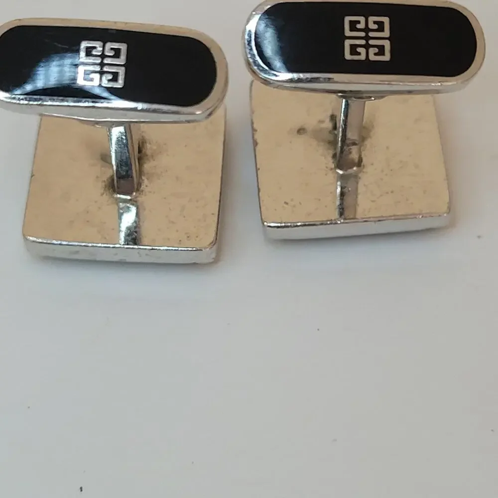 Givenchy Cufflinks Set Gold Silver Tone Black Onyx Square Logo Vintage Designer